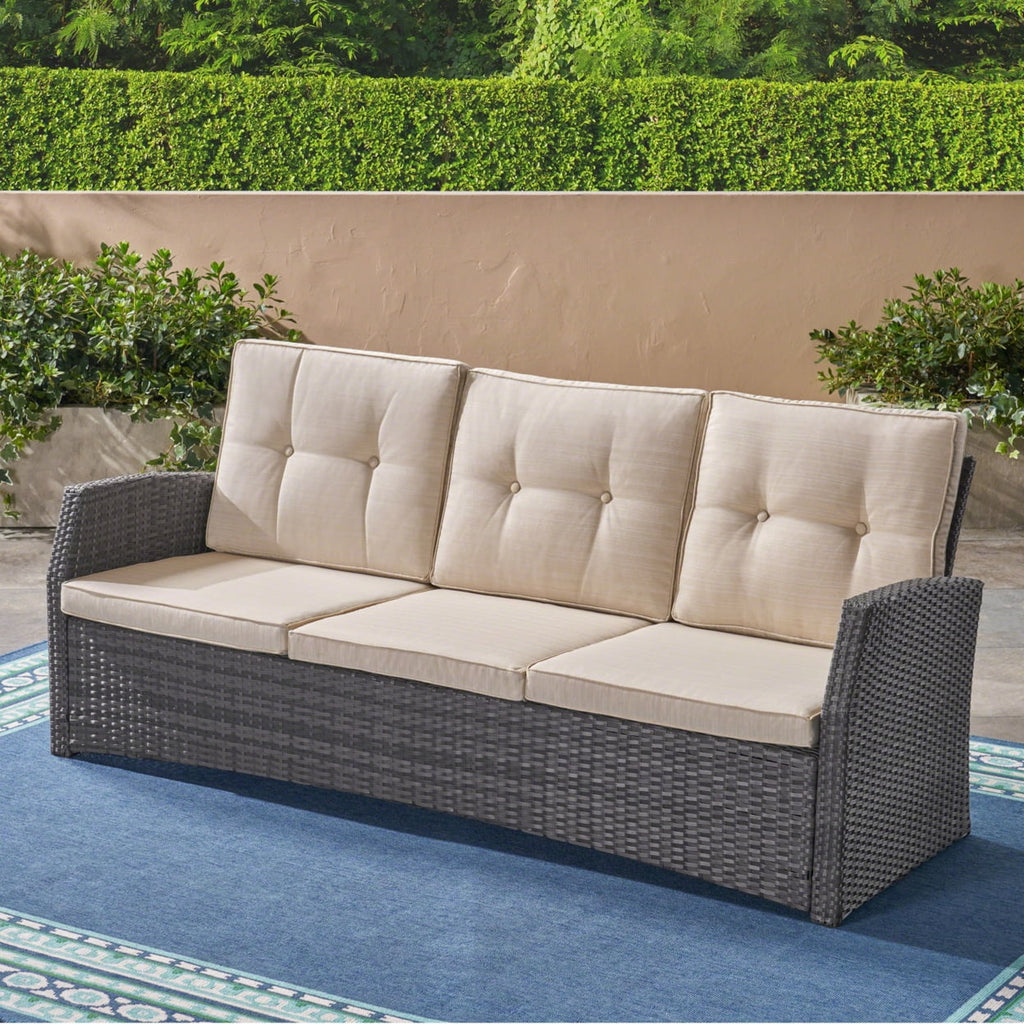 Beige and Dark Brown Outdoor Wicker 3 Seater Sofa with Tufted Cushions Y427