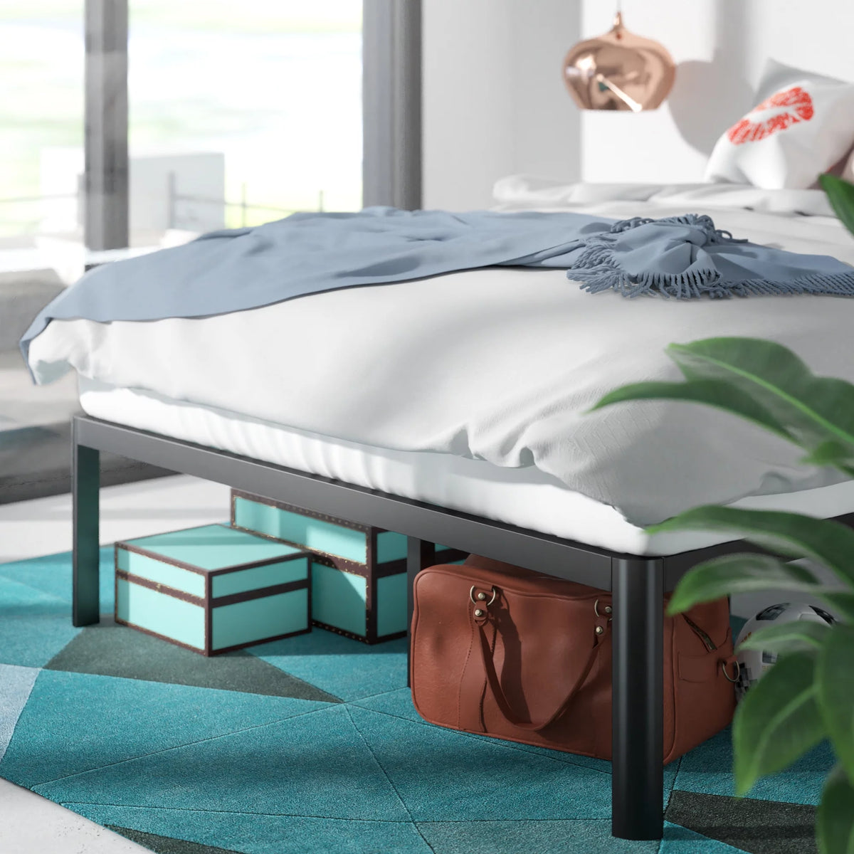 16" Metal Platform Bed Frame with Steel Slats, Twin P513