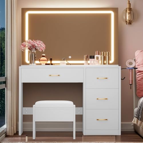 Pearl White Makeup Vanity with Mirror and LED Lights, 4 Drawers E683454