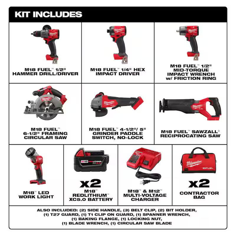 18V Lithium-Ion Brushless Cordless Combo Kit with Two 5.0 Ah Batteries (7-Tool) W5182