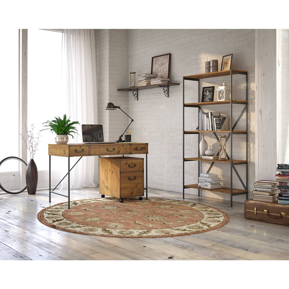 48W Writing Desk with Mobile File Cabinet and 5 Shelf Bookcase, Restored Gray I72849