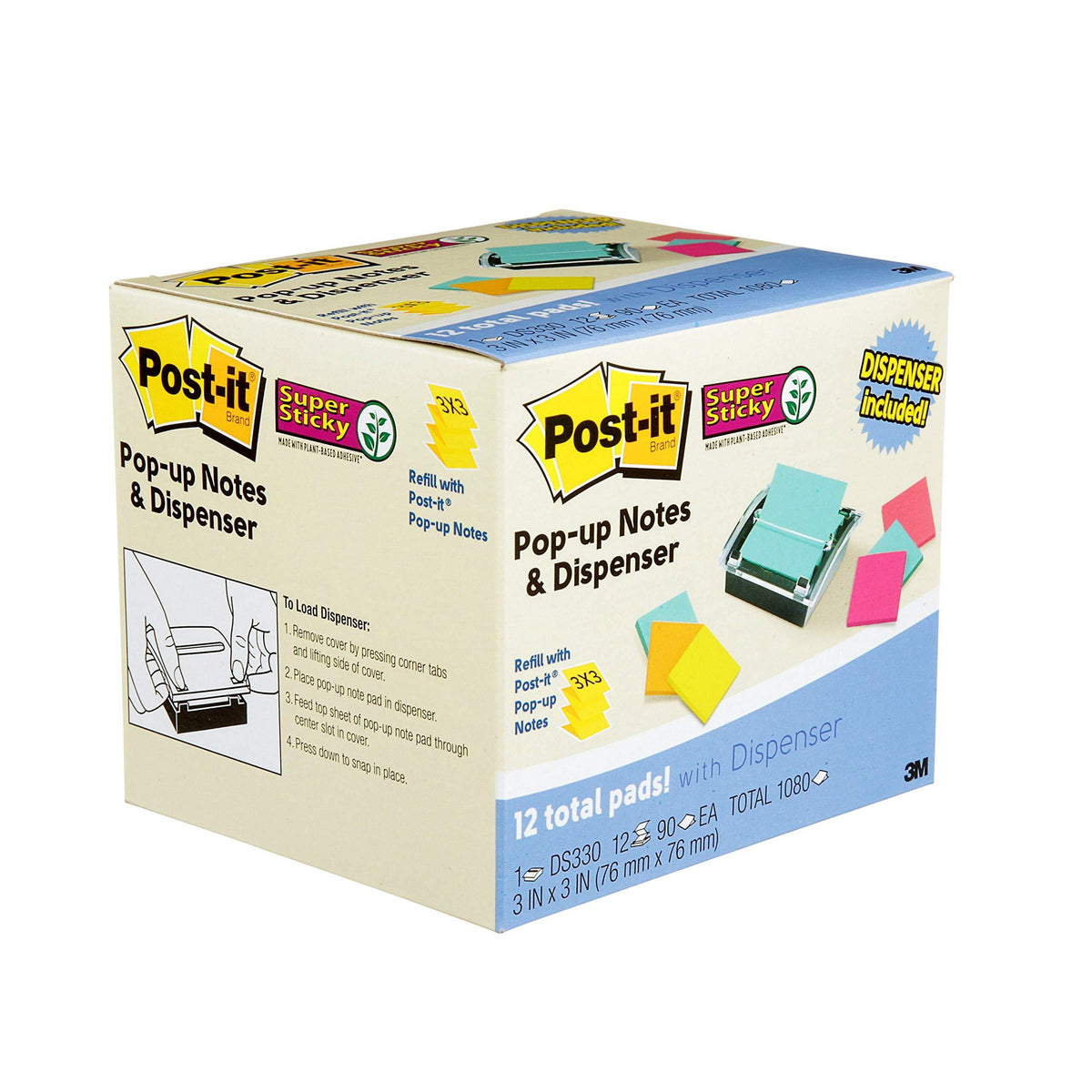 Super Sticky Note and Dispenser Value Pack, 3 x 3 Inches, 90-Sheet Pad (12 Pack) U55631