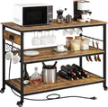 Rustic Brown Rolling Kitchen Cart with Power Outlet Y6918