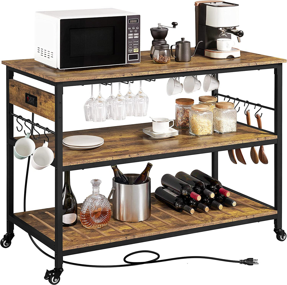 Rustic Brown Rolling Kitchen Cart with Power Outlet Y6918