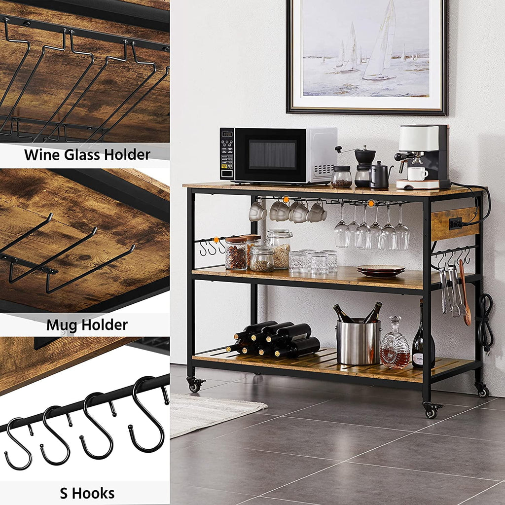 Rustic Brown Rolling Kitchen Cart with Power Outlet Y6918