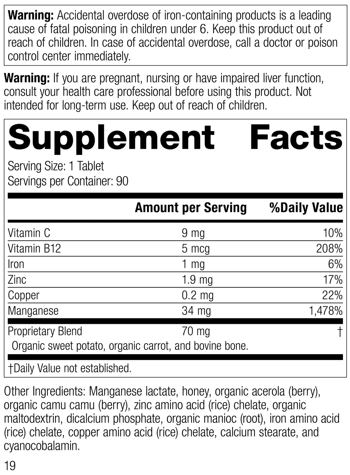 Manganese B12 90 Tablets H333