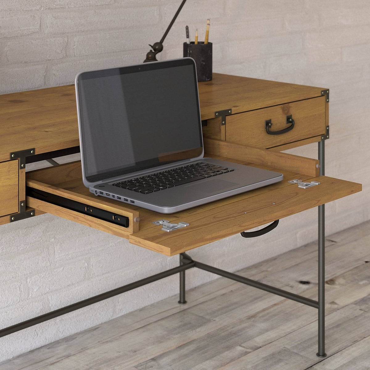 48W Writing Desk with Mobile File Cabinet and 5 Shelf Bookcase, Restored Gray I72849