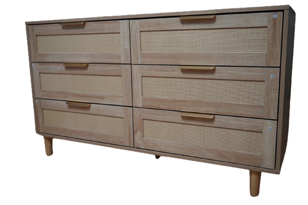 Modern 6 Drawer Rattan Dresser with Gold Handles F4137
