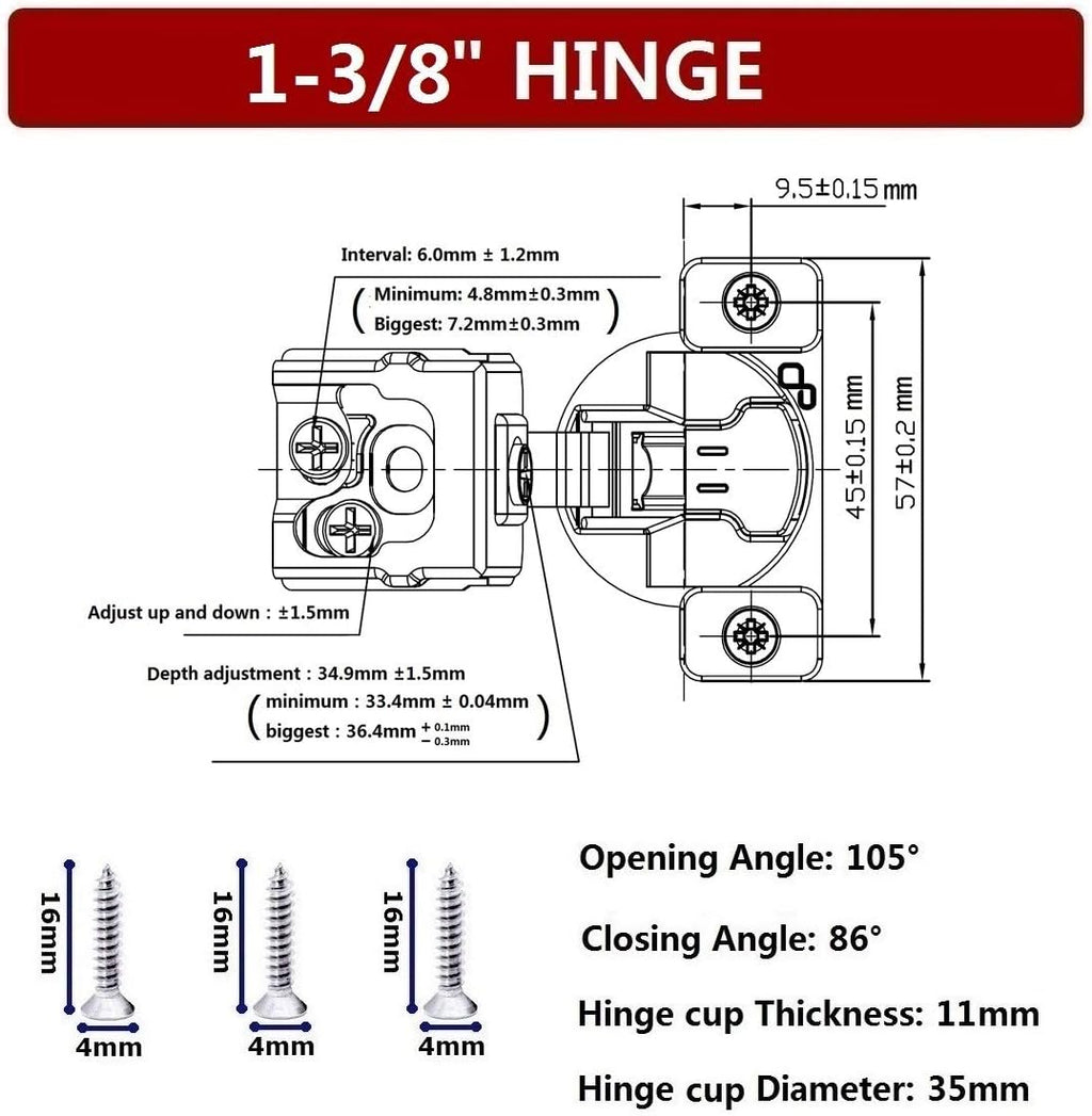 50 Pack Soft Close Cabinet Hinges, 105 Degree, 3 Way Adjustability Z405460