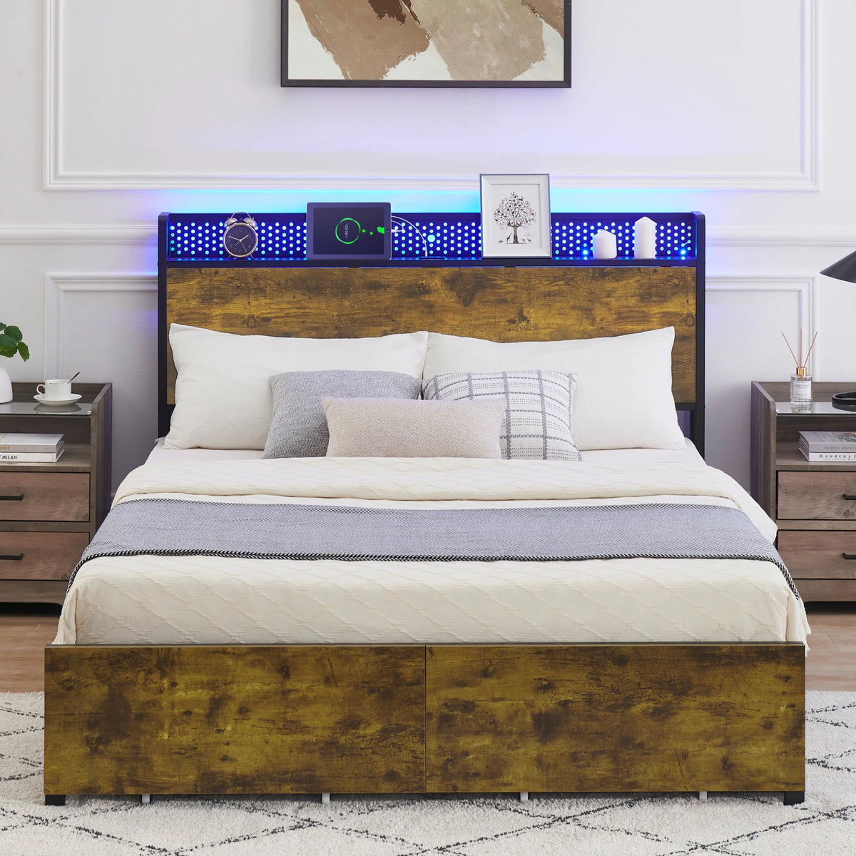 Queen Size Platform Bed Frame with Storage Headboard and 6 Drawers Q158131