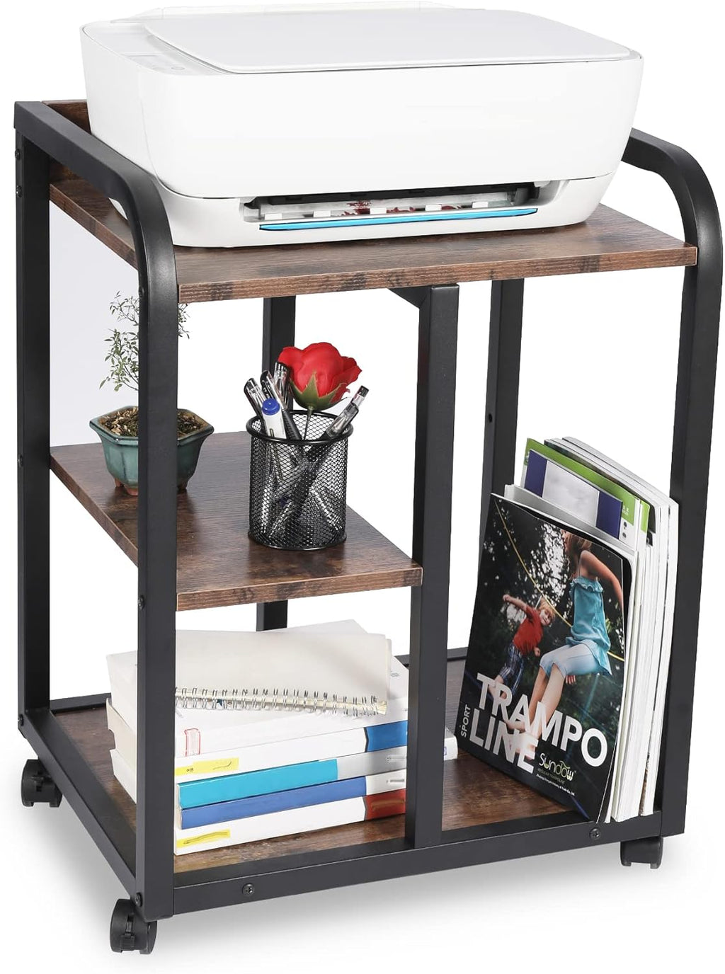 Brown 3 Tier Rolling Printer Cart with Storage M70659