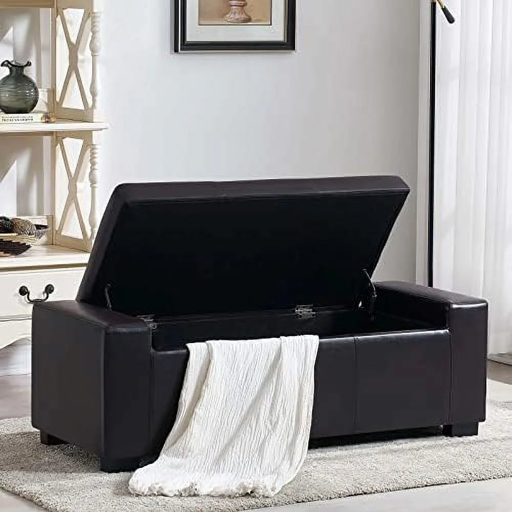 36 Inch Wide Square Lift Top Tufted Faux Leather Ottoman Bench P539035