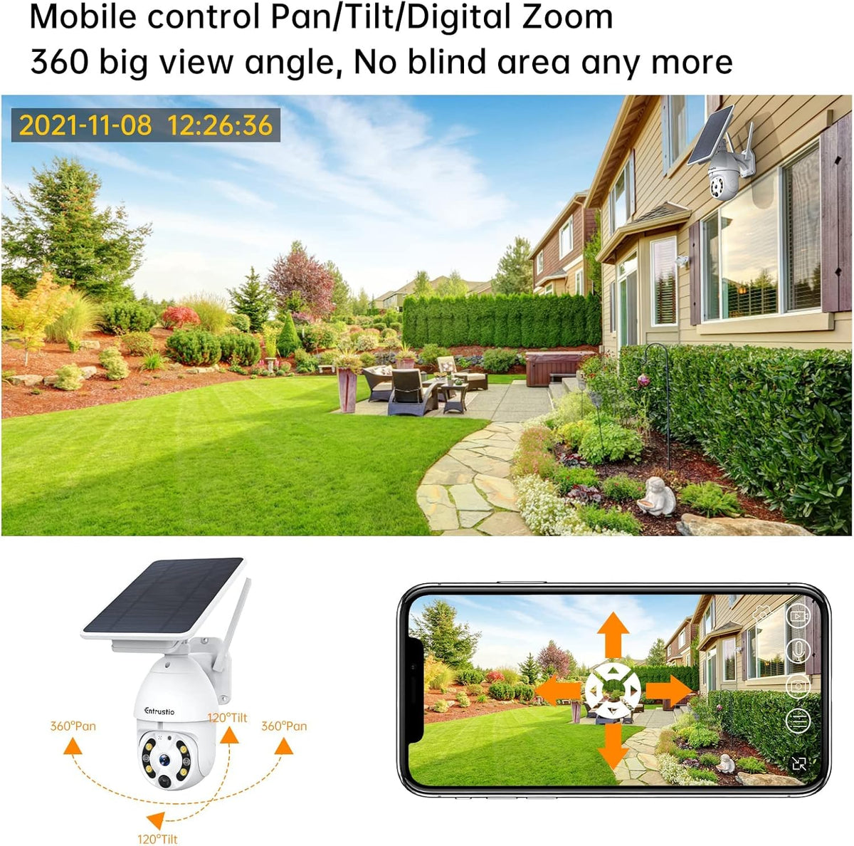 Solar Security Camera Wireless Outdoor 360° Pan Tilt WiFi Solar Powered Camera IP66 Waterproof O617