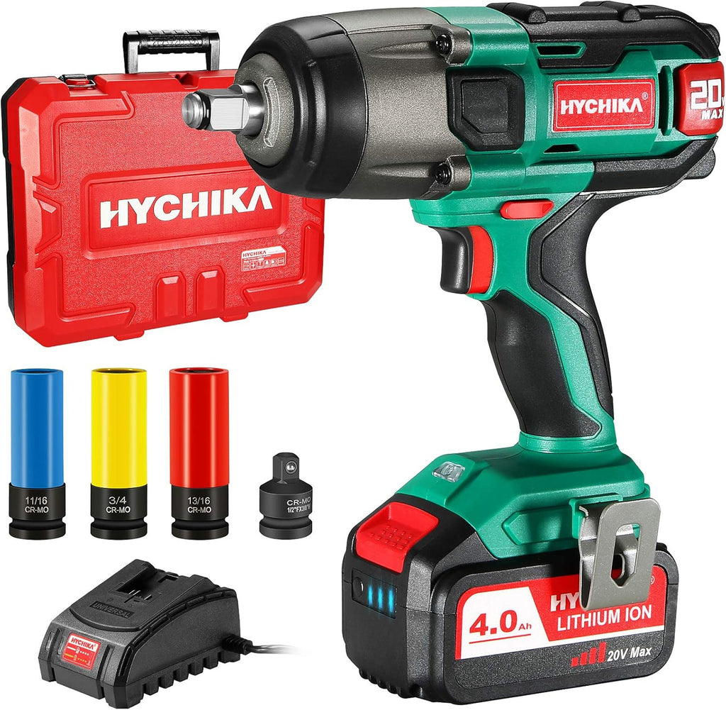 Cordless Impact Wrench 20V Max, 260 Ft-lbs Max Torque, 1/2 Metal Chuck, 4.0 AH Battery, LED Light, 3 Pcs Sockets, Carrying Case H52084