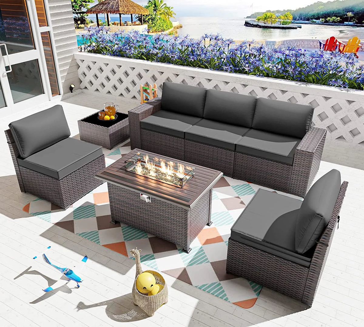 13 Pieces Outdoor Patio Rattan Wicker Furniture Set with Fire Pit Table A73787