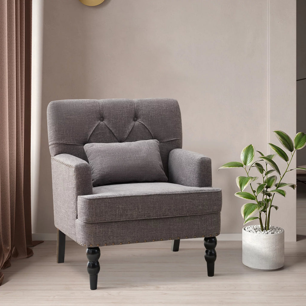 Grey Linen Upholstered Accent Chair with Lumbar Pillow S374