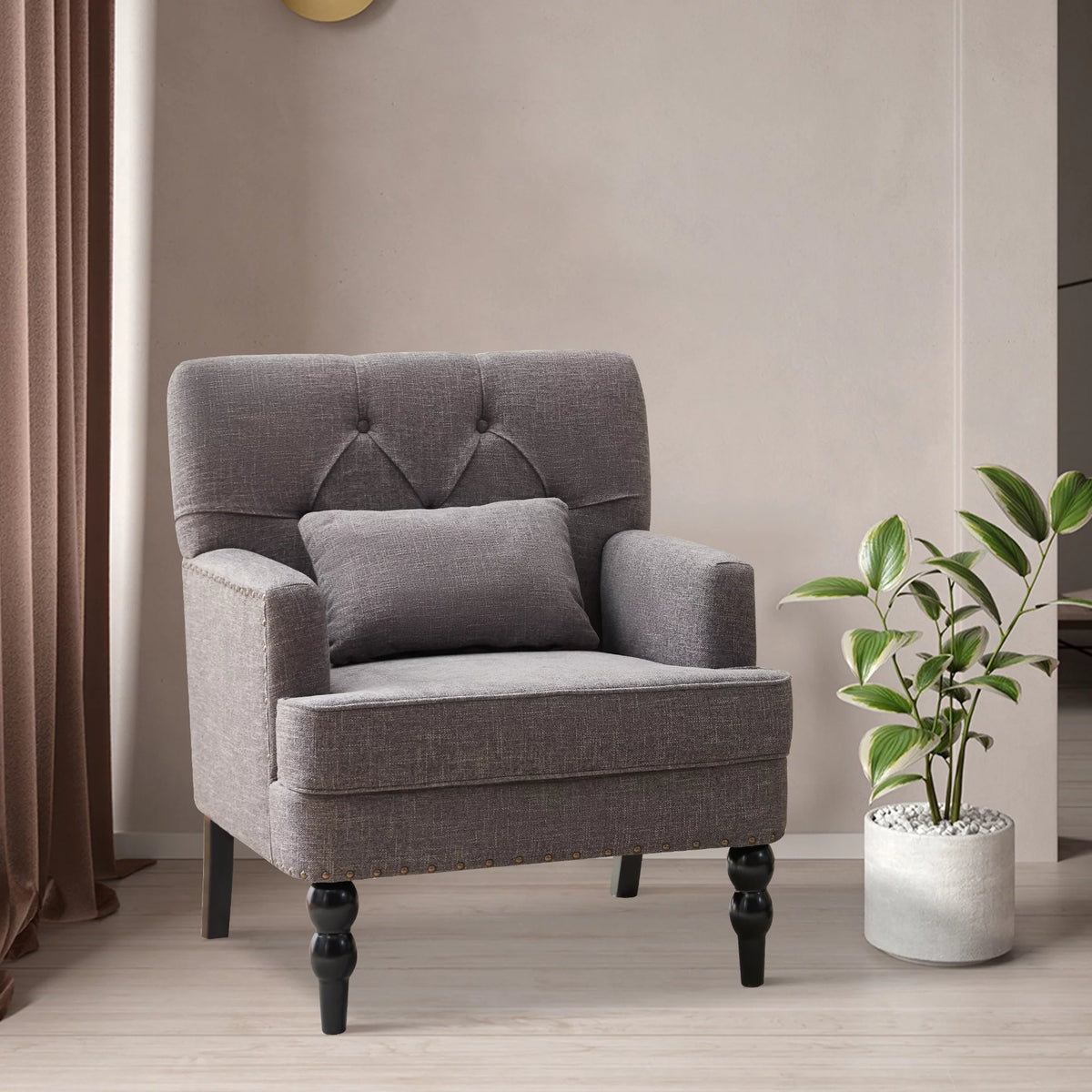 Grey Linen Upholstered Accent Chair with Lumbar Pillow S374
