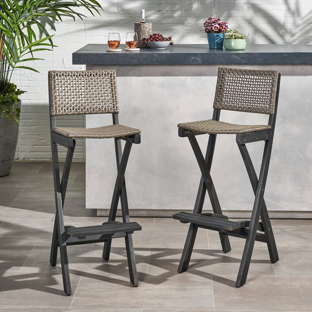 2pk Acacia Wood Folding Barstools Dark Gray F686