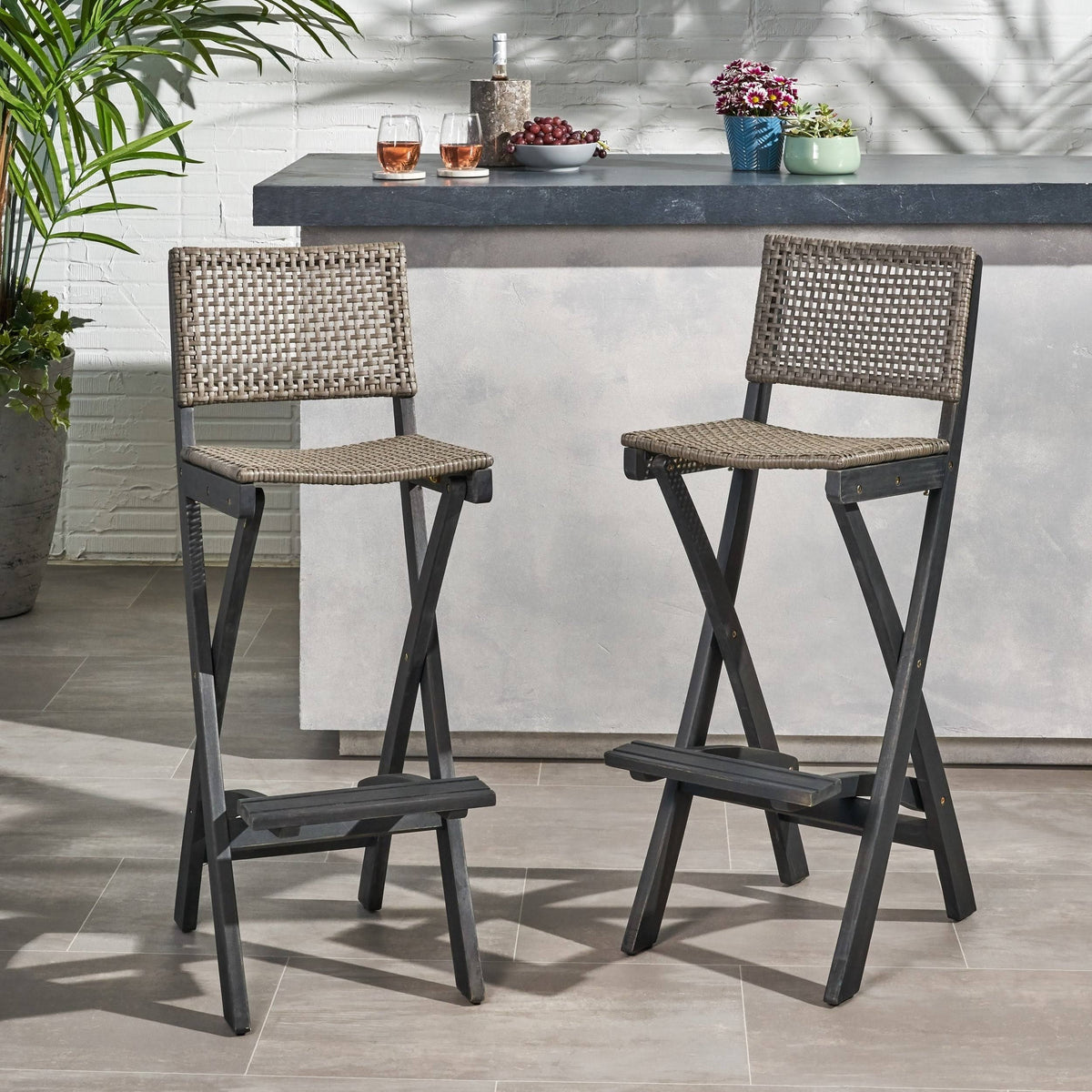 2pk Acacia Wood Folding Barstools Dark Gray F686