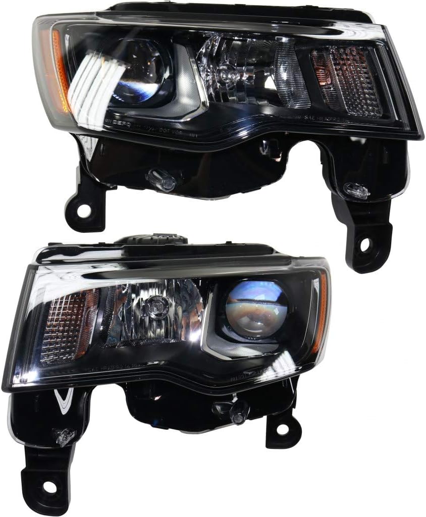 Headlight Assembly for Jeep Grand Cherokee 2017 2018 2019 Driver and Passenger Side Pair Halogen Black Trim O62068